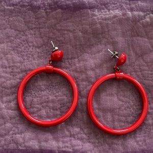 Deep red dangling hoop earrings